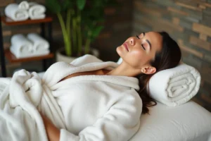 Femme détendue dans un spa avec robe blanche et ambiance zen