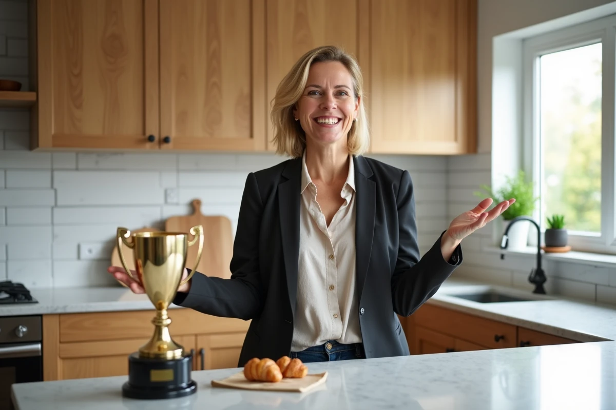 Femme fière tenant un trophée de la maison dans une cuisine rénovée moderne lors d'une compétition de design intérieur