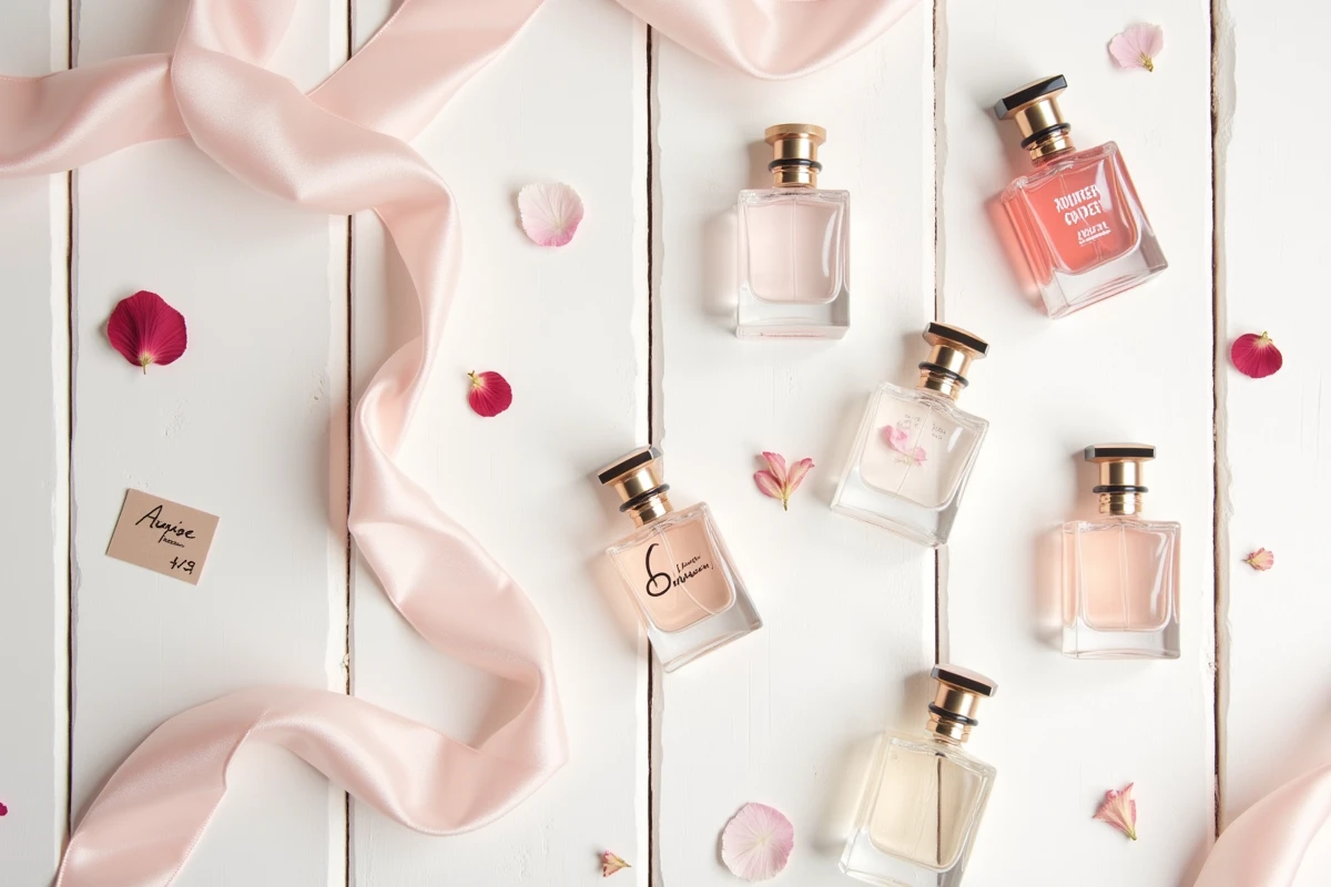 Flat lay de plusieurs dupes de parfum Lidl femme avec pétales de roses et ruban rose
