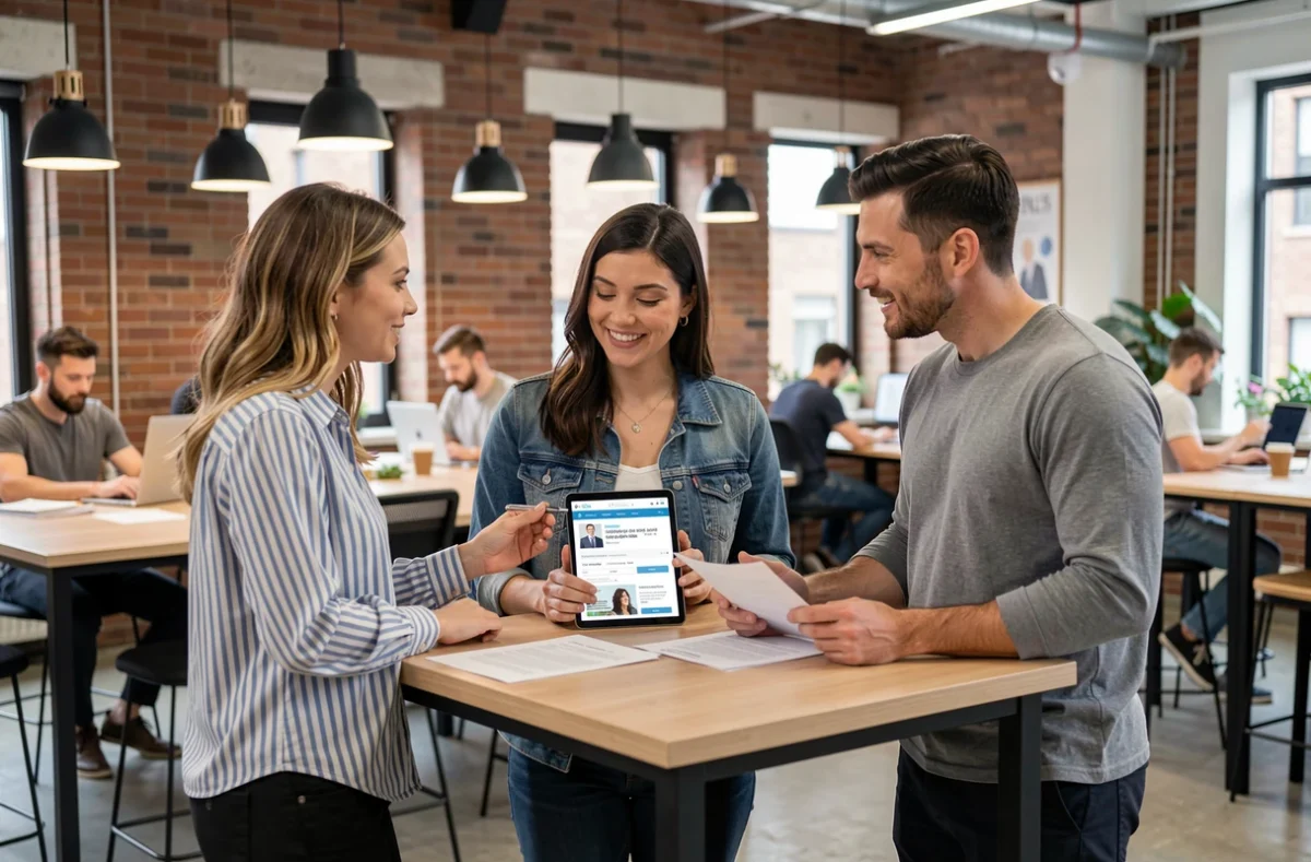 Groupe de professionnels discutant de stratégies de recrutement et d'opportunités d'emploi dans un espace de coworking moderne