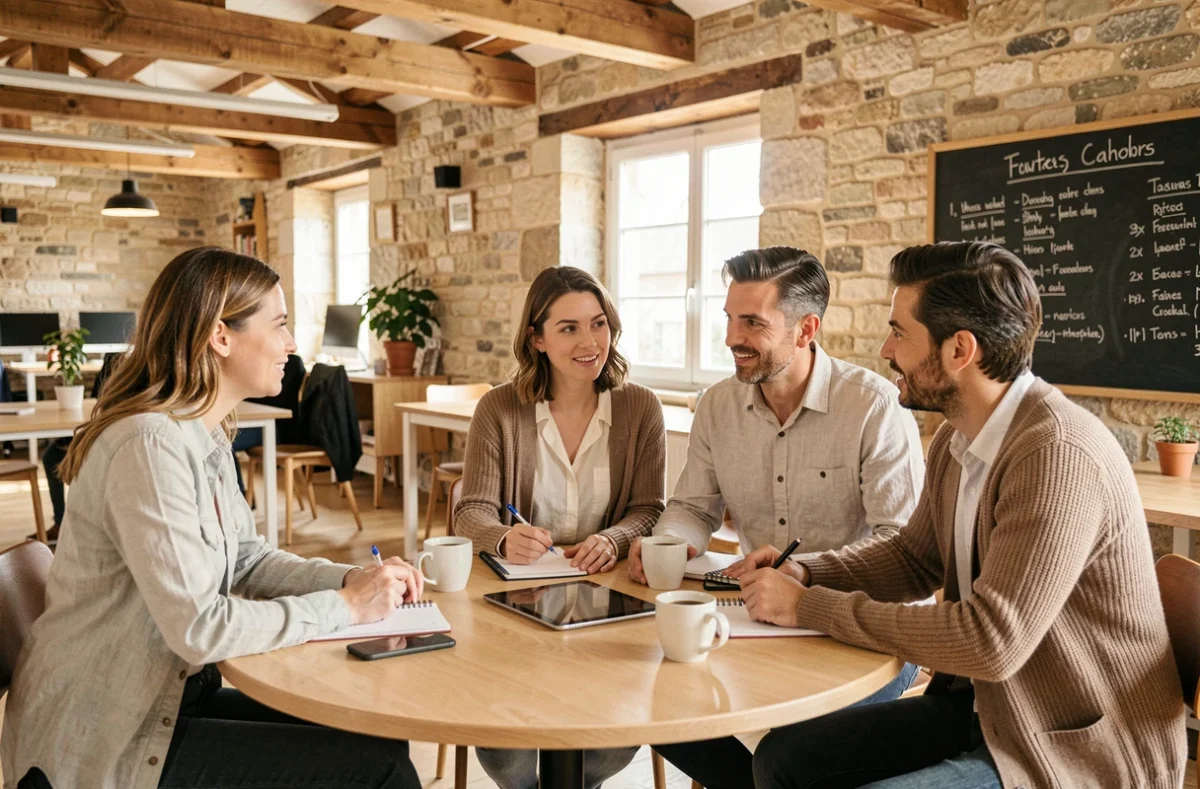 Groupe de personnes en reconversion professionnelle discutant autour d'une table dans un espace de coworking à Cahors