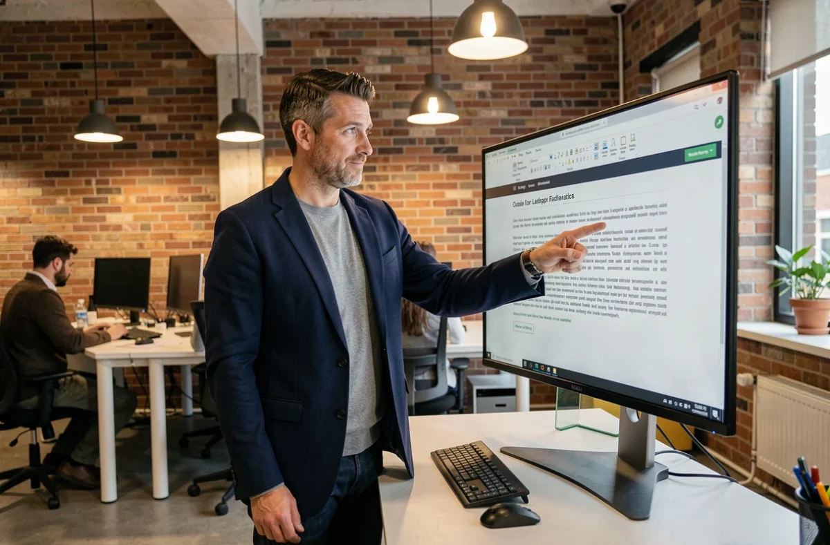 Homme d'affaires expliquant les obligations légales d'un site web devant un écran dans un espace de coworking