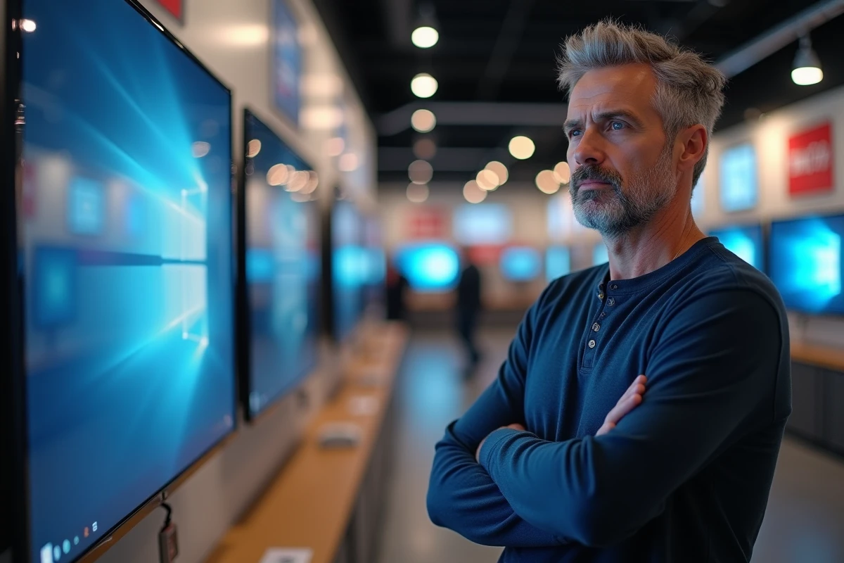 Un homme comparant des téléviseurs ULED et QLED dans un magasin d'électronique
