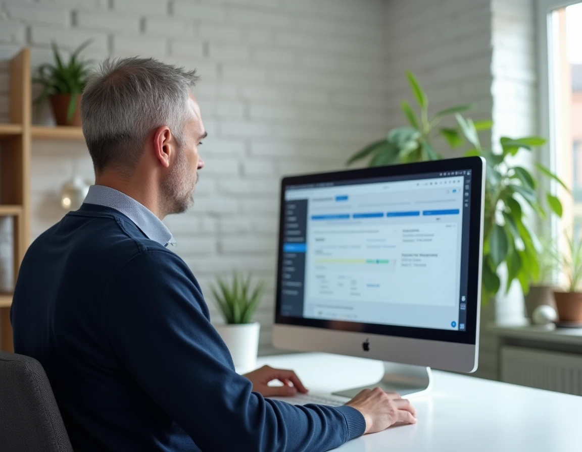 Homme créant un questionnaire en ligne sur ordinateur, représentant les outils numériques d'enquête