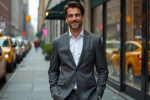 Portrait élégant d'un homme grand et athlétique en costume gris anthracite dans une rue de Manhattan, style magazine éditorial