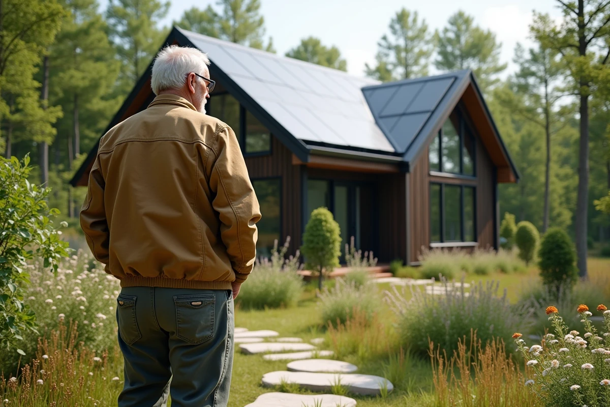 Homme observant une maison solaire dans un quartier écologique