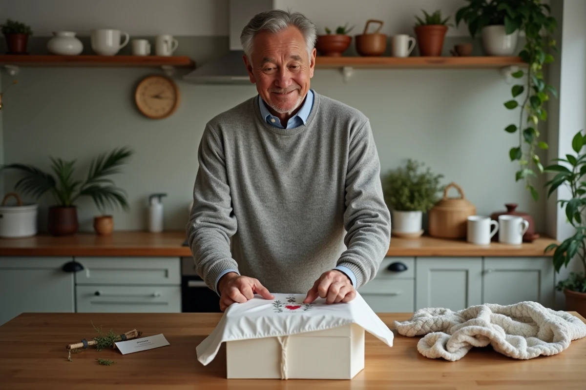 Homme dans la cuisine pliant un pull brode avec fierté