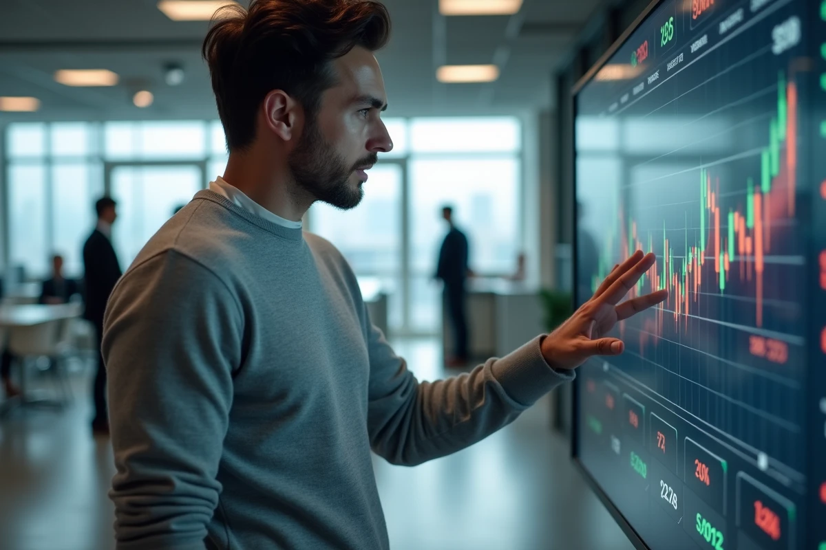 Homme consultant un tableau de bord de portefeuille boursier sur grand écran dans un espace de travail moderne