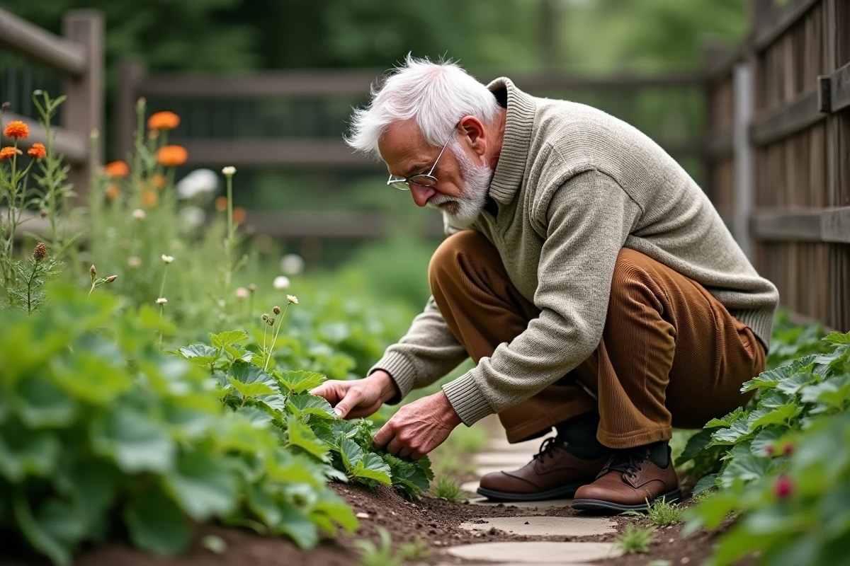 Homme âgé récoltant des herbes dans un jardin verdoyant
