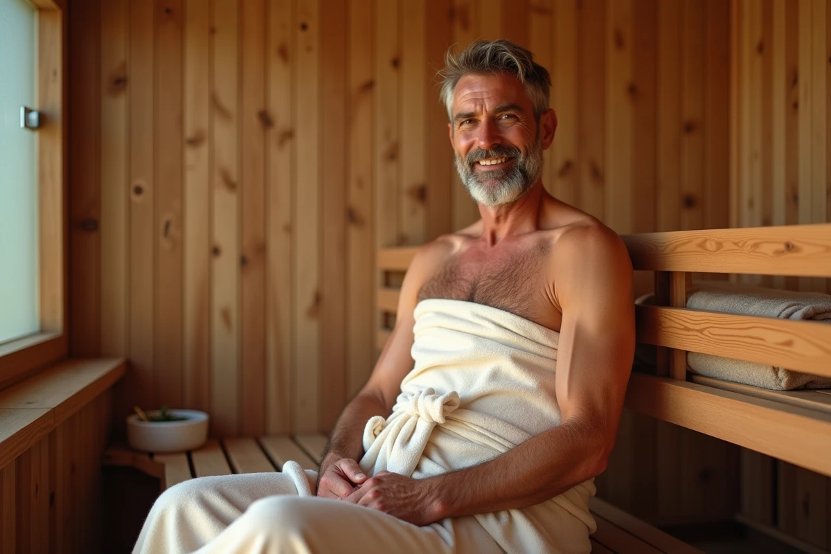 Homme souriant dans un sauna en bois avec ambiance chaleureuse