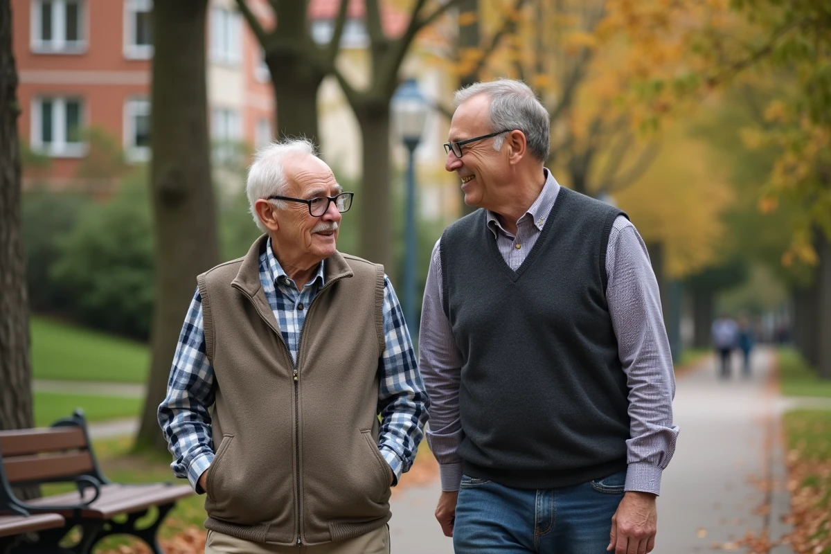 Homme senior marchant dans un parc avec un aidant en automne