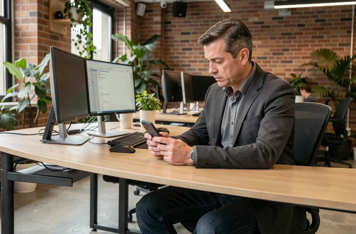 Homme en veston examinant un smartphone pliable dans un bureau moderne tendance technologique