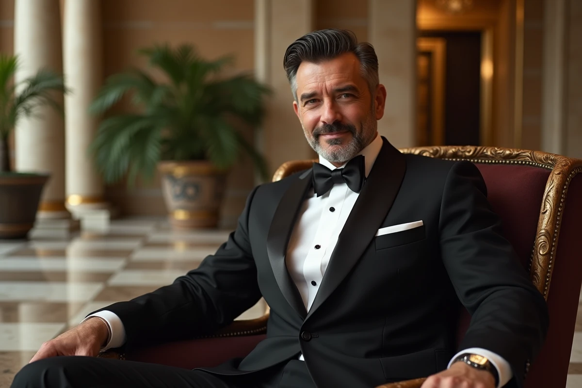 Homme charismatique en smoking noir assis dans un fauteuil en velours d'un hall d'hôtel de luxe, portrait éditorial élégant