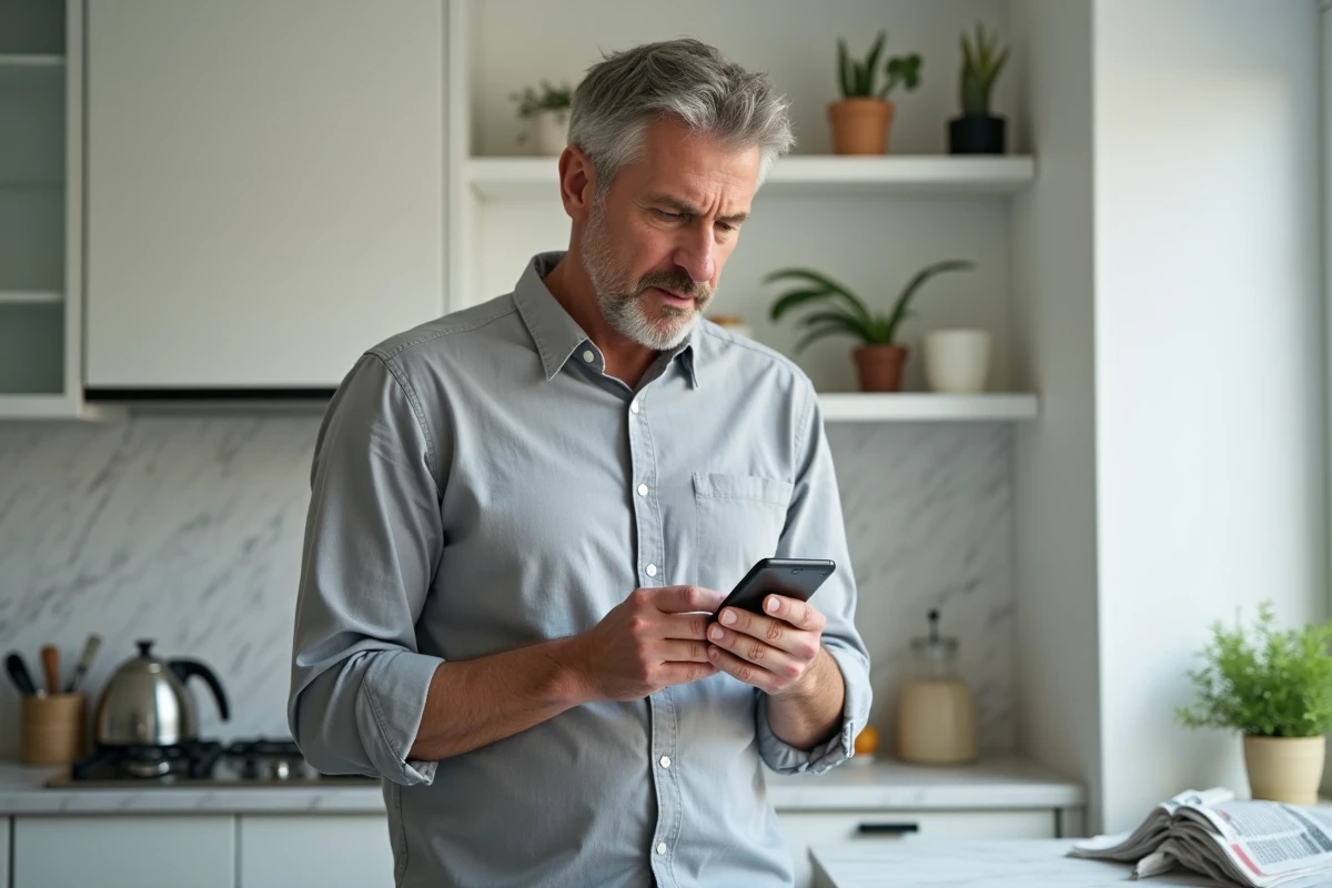 Homme vérifiant les prélèvements PayPal sur son application bancaire mobile dans une cuisine