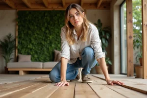 Jeune femme installant un sol en bois recyclé dans une maison écologique