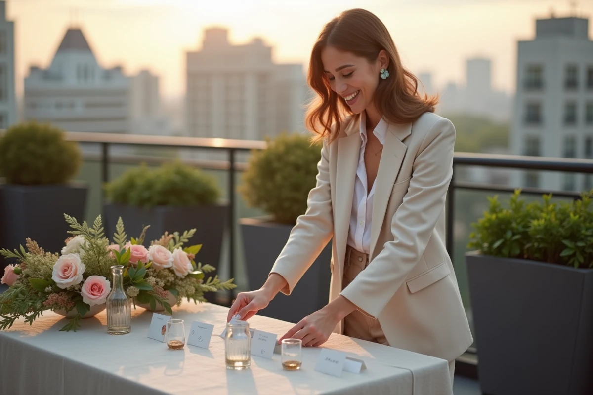Jeune femme arrangeant des éléments décoratifs en extérieur