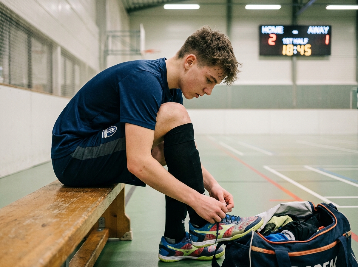 Jeune joueur de futsal attachant ses chaussures sur le banc
