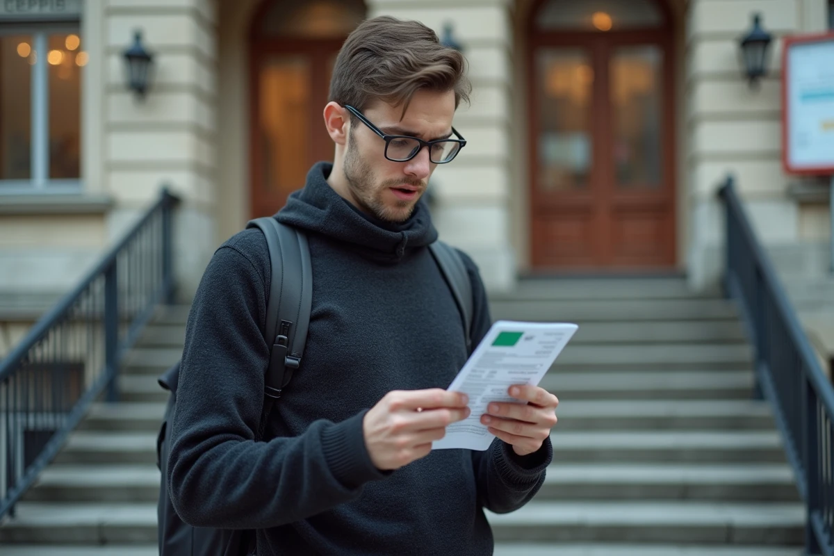 Jeune homme vérifie son permis devant la mairie