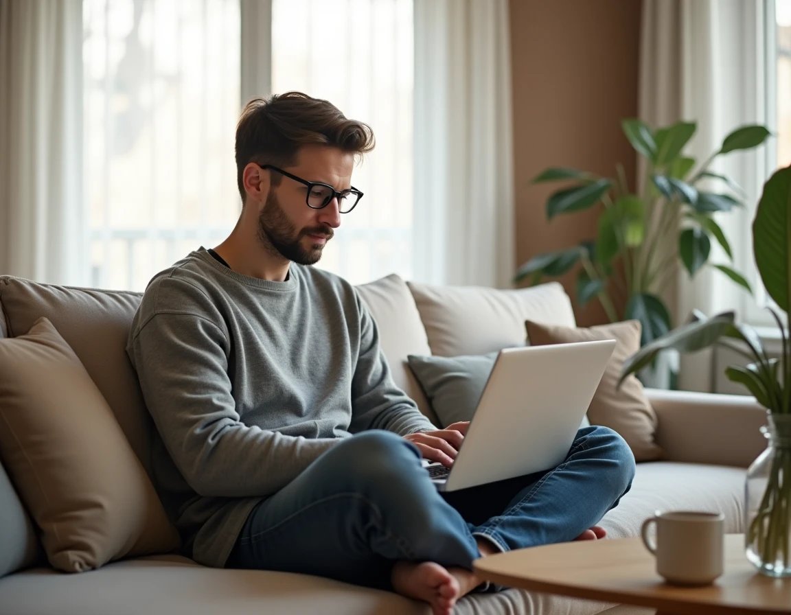 Jeune homme recherchant des informations de santé fiables sur son ordinateur portable à la maison