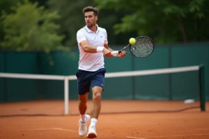 Joueur de tennis professionnel en action sur terre battue