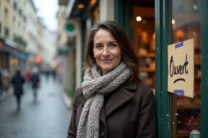 Femme devant une épicerie ouverte le 25 décembre dans une rue française enneigée