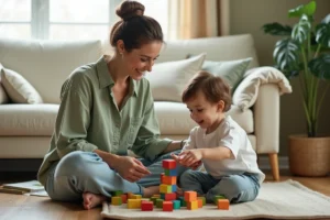 Maman bienveillante assise sur le sol jouant avec son jeune enfant dans un salon chaleureux