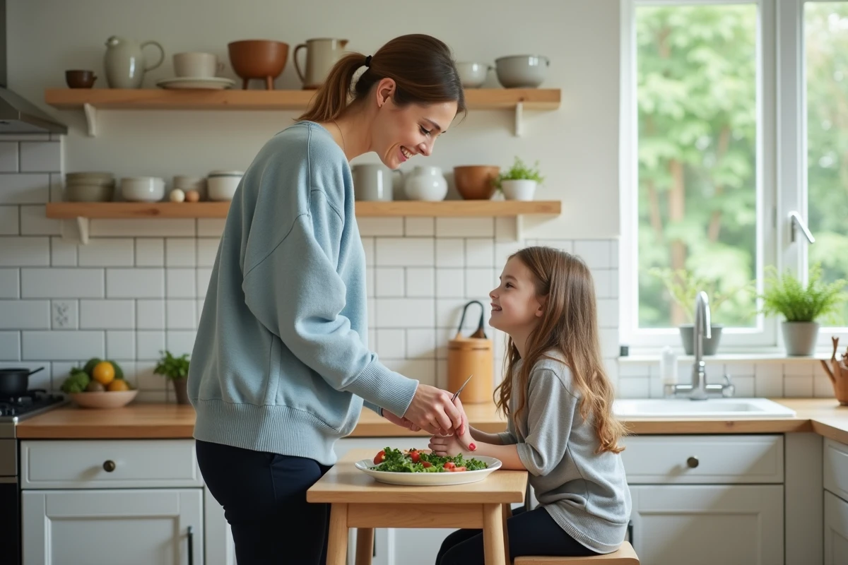 Maman attentionnée préparant un repas dans une cuisine familiale avec sa fille à ses côtés