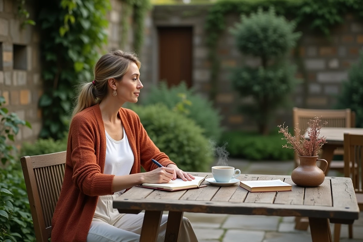 Maman prenant un moment pour elle dans un jardin verdoyant avec un carnet et une tasse de thé