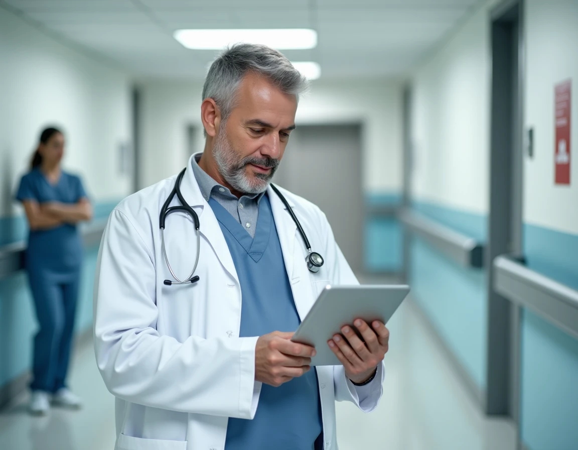 Médecin consultatnt des informations médicales fiables sur une tablette dans un couloir d'hôpital