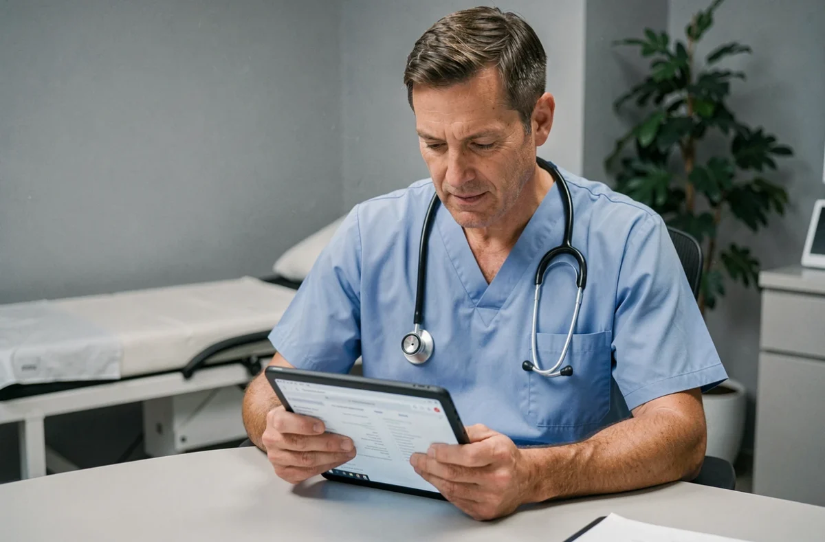 Médecin consultant des dossiers médicaux numériques sur tablette dans un cabinet de consultation
