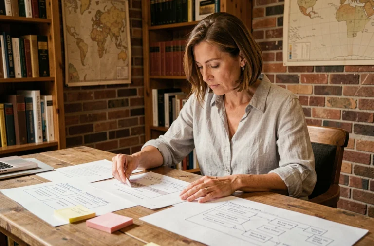 Femme organisant un plan de site web patrimonial avec des schémas sur un bureau en bois dans un bureau à domicile chaleureux