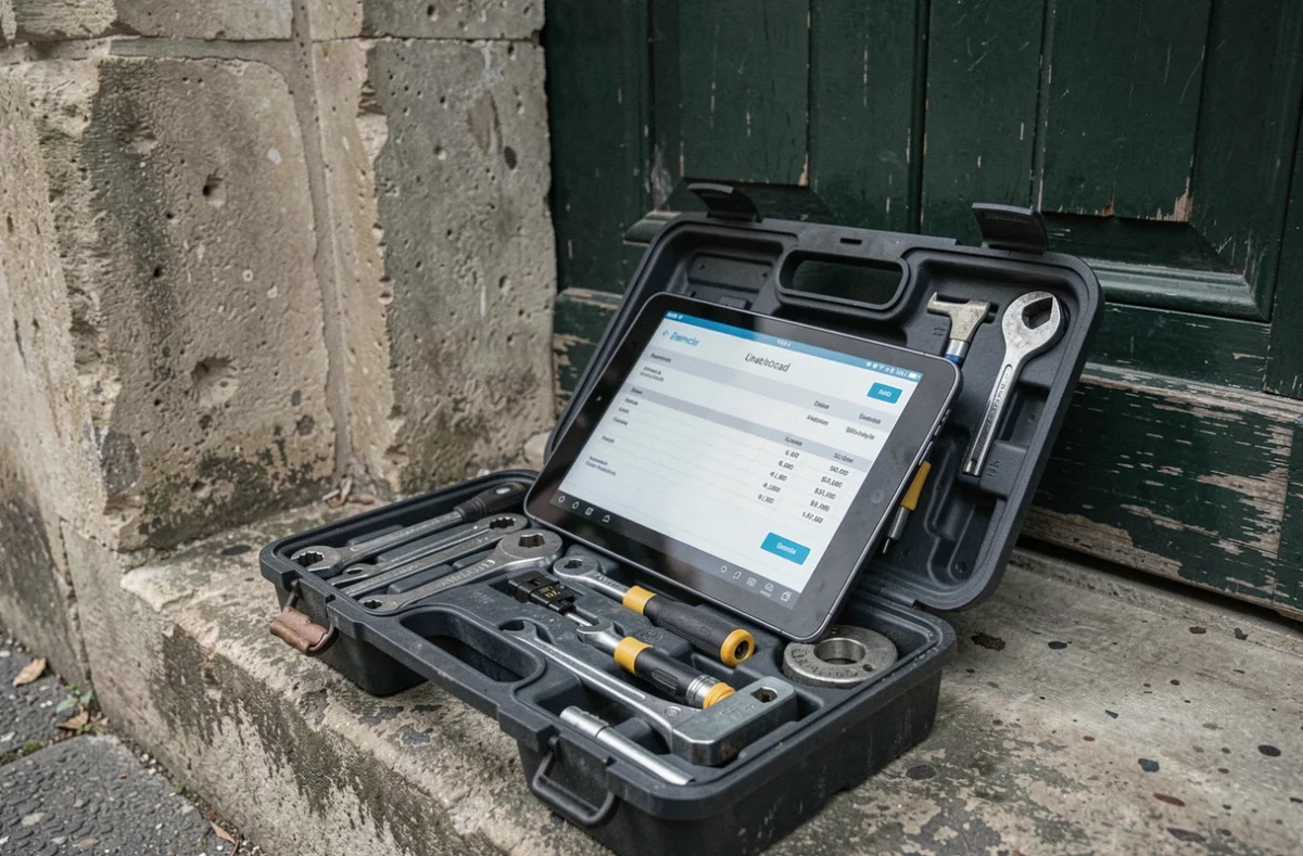 Boîte à outils de serrurier ouverte devant une porte avec une tablette affichant un devis de prestation en France