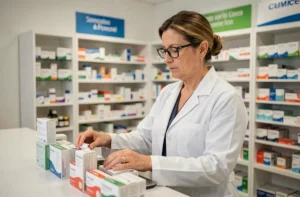Pharmacienne professionnelle organisant des médicaments dans une pharmacie moderne en 2024