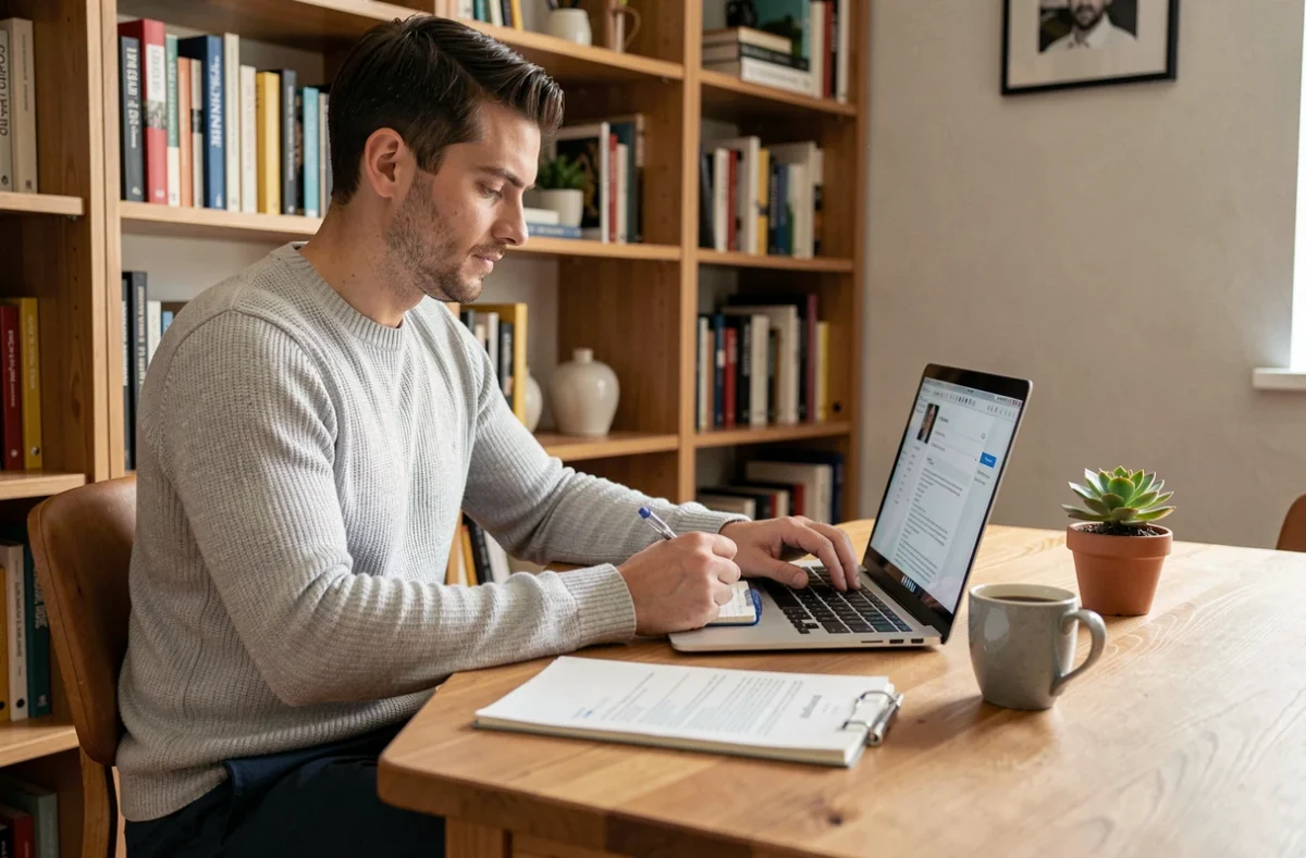 Homme préparant sa candidature sur ordinateur portable à son bureau à domicile pour optimiser sa recherche d'emploi