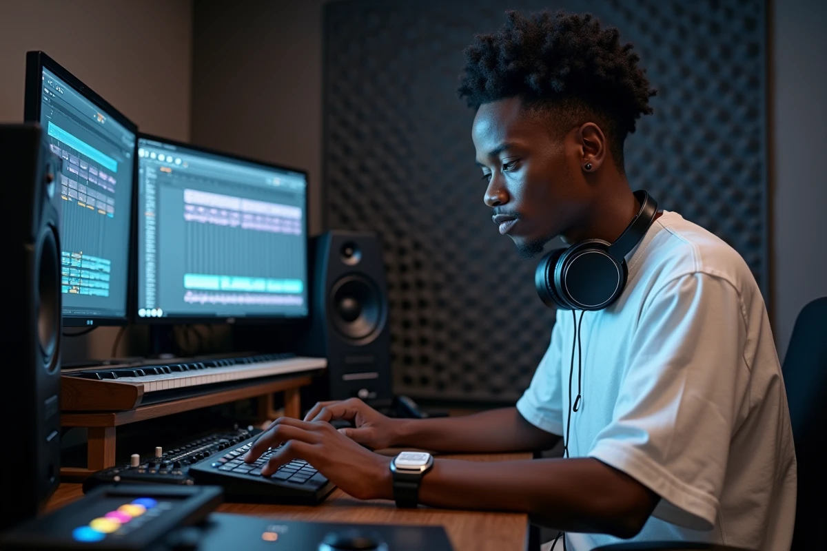 Jeune producteur de musique étudiant un séquenceur de batterie 808 sur un écran d'ordinateur dans un studio home recording moderne