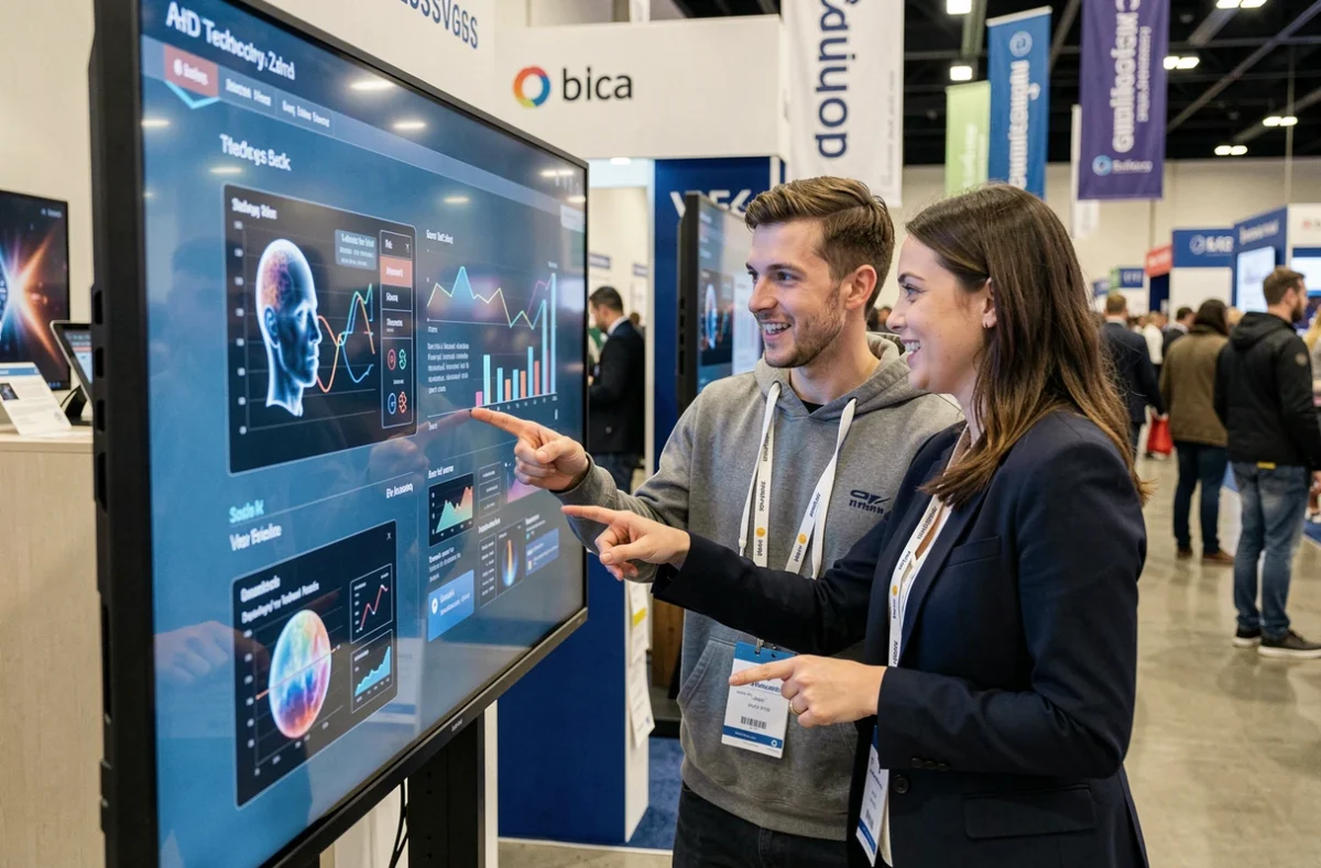 Deux professionnels discutant devant un écran interactif lors d'un salon des innovations technologiques