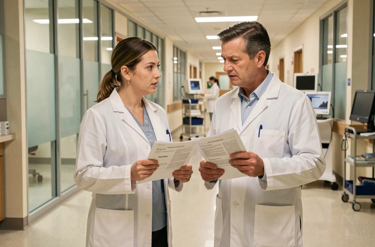 Deux professionnels de santé discutant de résultats de recherche médicale dans un couloir d'hôpital