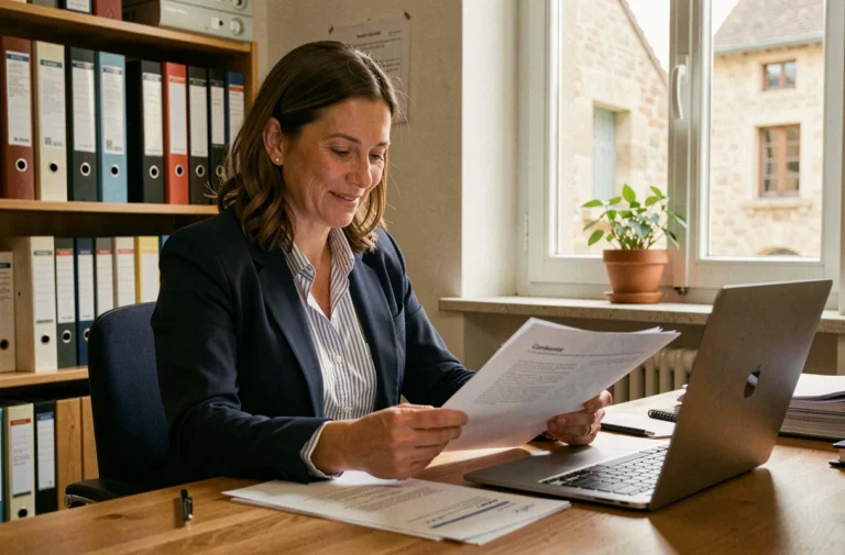 Femme en reconversion professionnelle consultant des documents dans un bureau de conseil à Cahors