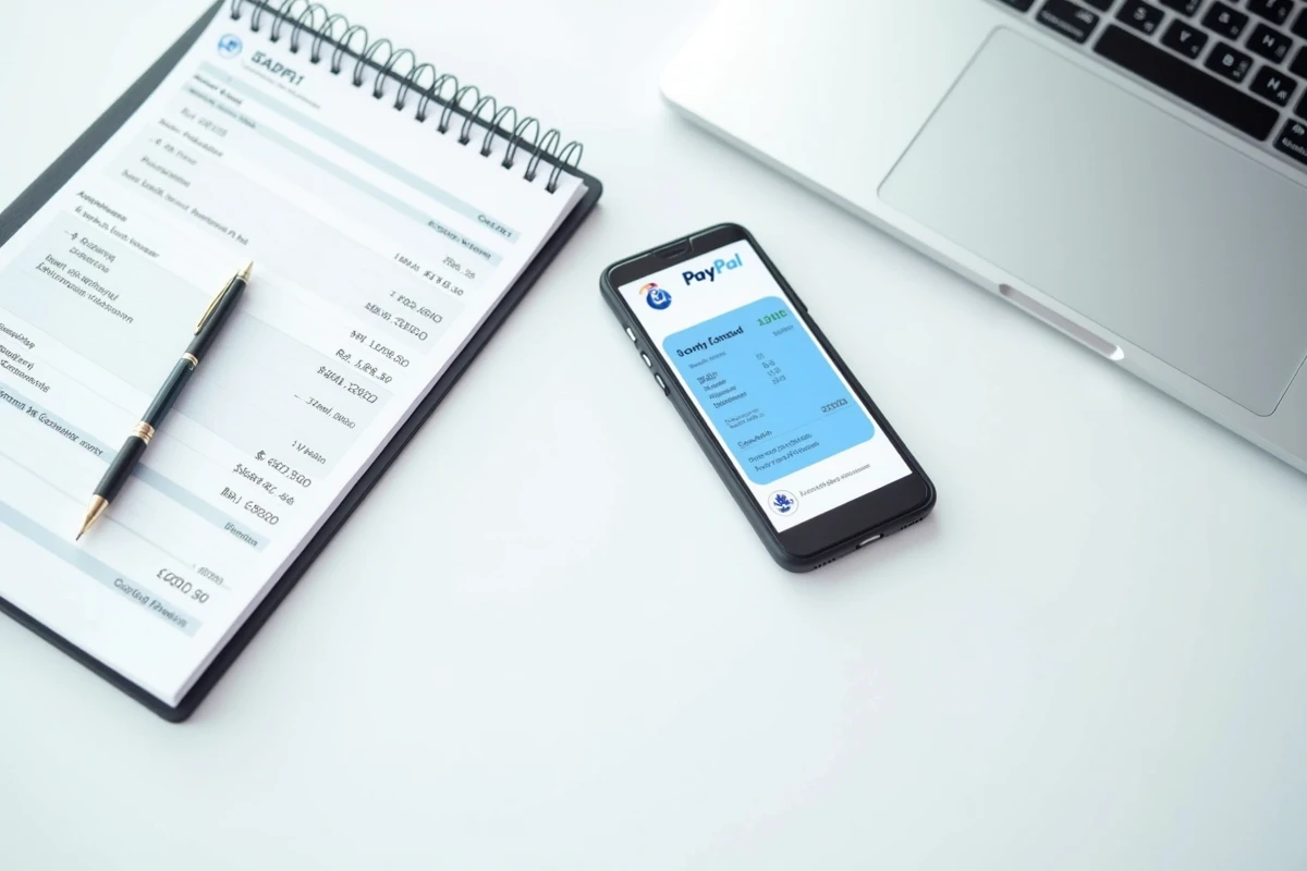 Vue de dessus d'un relevé bancaire avec des prélèvements PayPal mis en évidence et un smartphone affichant l'application
