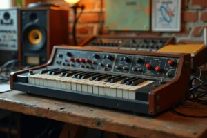 Roland TR-808 drum machine vintage posé sur un bureau de studio des années 80 avec des câbles et des synthétiseurs analogiques en arrière-plan
