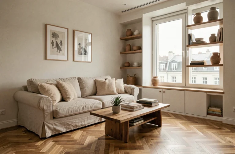 Salon bien décoré et confortable avec canapé en lin, table basse en bois et étagères rangées dans un appartement moderne