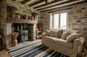 Salon chaleureux en Bretagne avec murs en pierre apparente, cheminée en fonte et canapé en lin, décoré dans un style rustique breton authentique