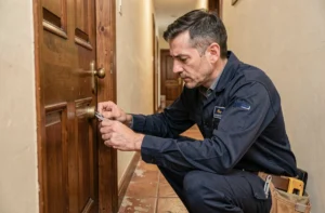 Serrurier professionnel en uniforme inspectant une serrure de porte d'appartement dans un couloir français